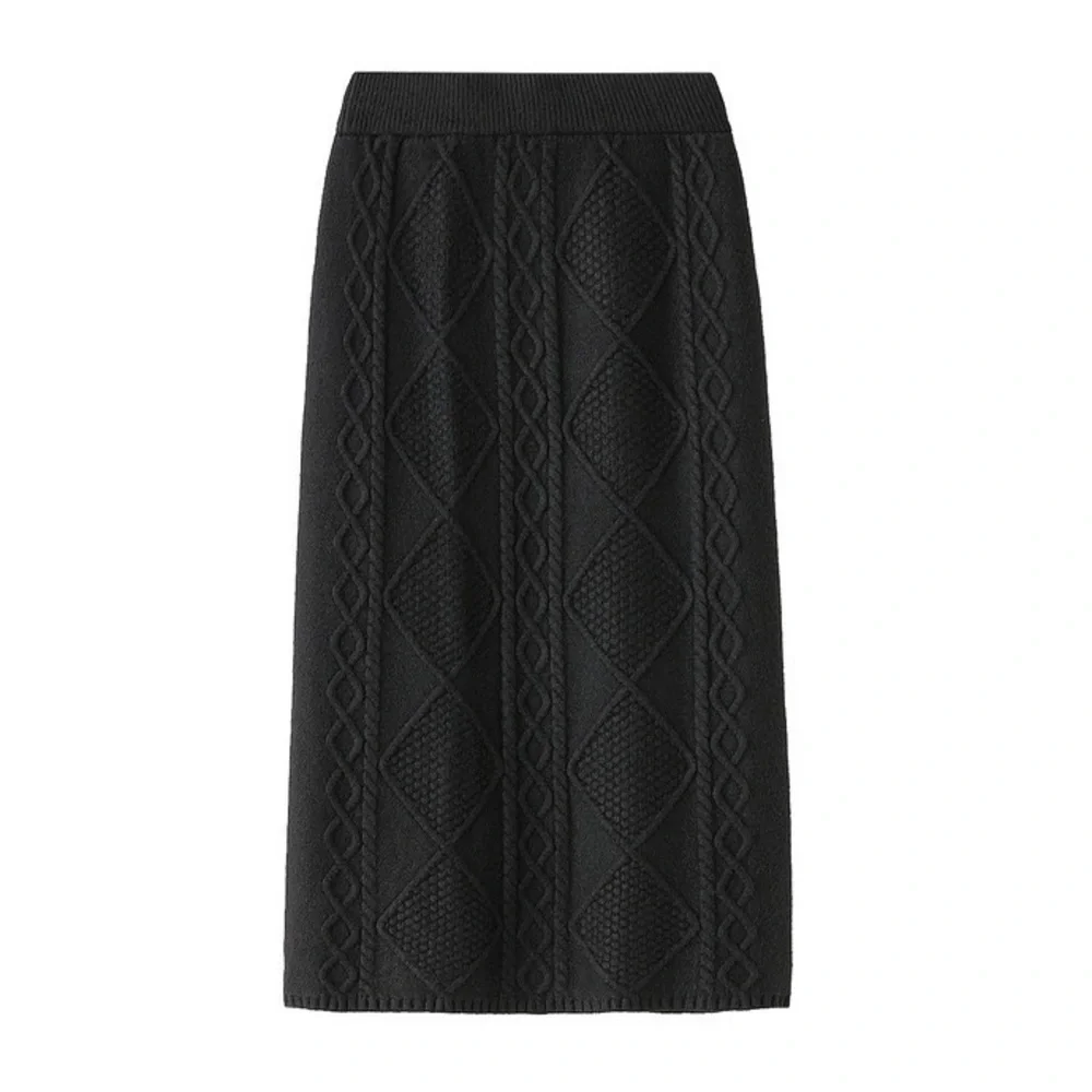 NEW Black Cable Stretchy Knit Bodycon Midi Sweater Skirt